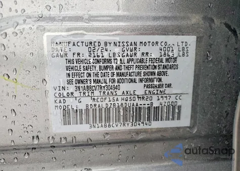 2024 Nissan Sentra Sv z USA, uszkodzony, nr VIN 3N1AB8CV7RY304940